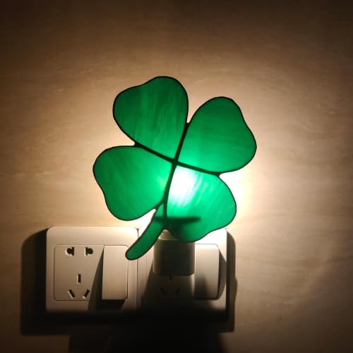 Image of CHEZBABY Stained Glass Night Light Plug into Wall Lamp Decorative Accent Nightlight for Hallway Bedroom Bathroom Kitchen Home Decor(Clover)