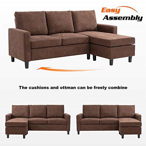 JY QAQA Convertible Sectional Sofa Couch with Reversible Chaise, L-Shaped Couch with Modern Linen Fabric for Small Space (Brown)
