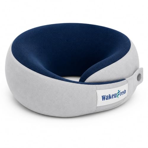 Image of 360 Memory Foam Travel Neck Pillow - U Shaped Ergonomic Head & Neck Support Cushion with Chin Support, Adjustable Snap Closure, Breathable Mesh Fabric (Blue & Grey)