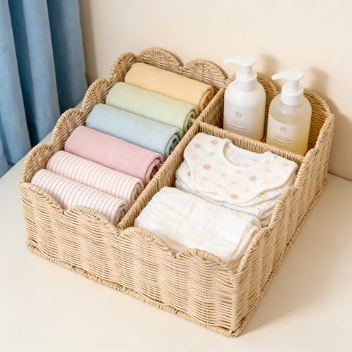 Image of Rattan Divided Scalloped Basket,Wicker Diaper Caddy Scalloped Baske,Woven Natural Basket with 4 Dividers,Suitable for Baby Rooms, Bathrooms, Bedrooms (Rattan)