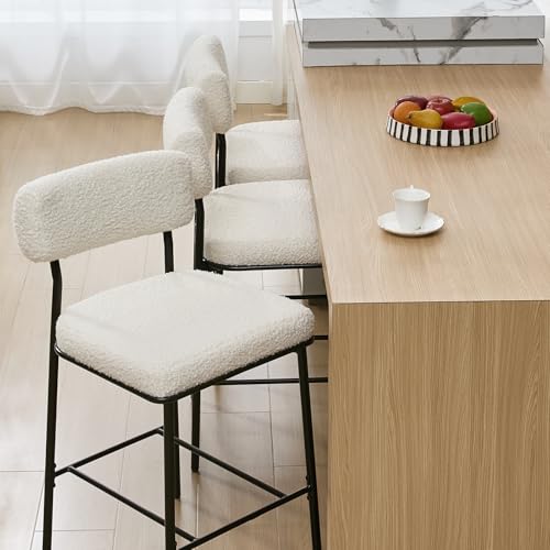 Butacos de barra SAECKBERG, altura contrapuesto 26", juego de 3, con respaldo y tapizado en tela bouclé blanca, estructura metálica, estilo moderno de mediados de siglo para isla de cocina miniatura 6