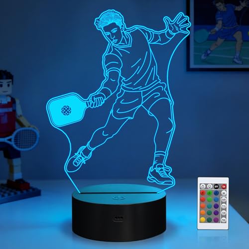 Image of OkiyiD Pickleball Gifts for Men Boys Pickleball Players, Pickleball 3D Night Light Illusion Lamp with 16 Colors Remote Controller, Pickelball Room Decor for Boys Men
