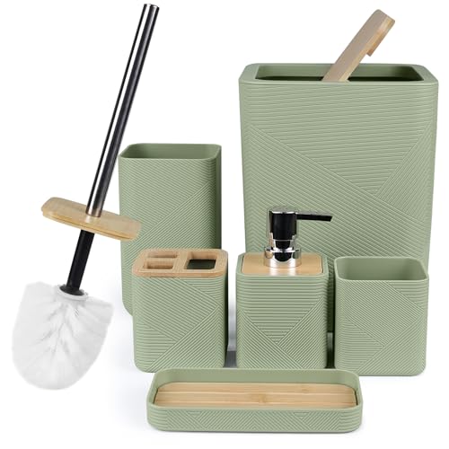 CERBIOR Bathroom Accessories Set 6 Piece Bamboo Bath Ensemble Includes Soap Dispenser Toothbrush Holder Toothbrush Cup Soap Dish for Decorative Countertop and Housewarming Gift (Green)