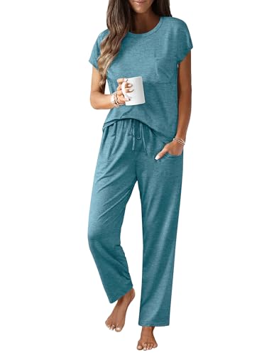 Image of Ekouaer Womens Pajama Sets Cap Sleeve Sleepwear Tops and Long Pants Comfy Pjs 2 Piece Lounge Set with Pockets S-XXL