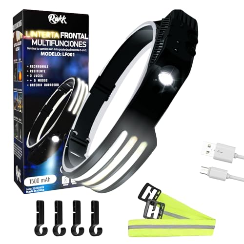 RUKK© Linterna Frontal LED USB Recargable | 3 Luces Frontales 230º | IPX4 Impermeable |Sensor de Movimiento | Lámpara Cabeza Alta Potencia para Correr Pescar | Inculye Minilinterna de Llavero