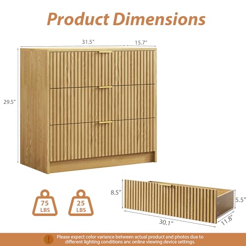 Image of MAISONARIA Fluted Dresser for Bedroom, 32 Inch Wide Nightstand with Large Drawer, 3 Drawer End Table for Bedroom, Living Rooms, Offices, and Entryways, Natural