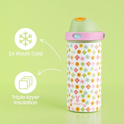 Image of 18 oz Kids Water Bottle for School: Meoky 18 oz Stainless Steel Insulated Water Bottle with 2-in-1 Straw and Spout Lid - Leak Proof, Fits in Car Cup Holder, BPA-Free for Teen Girls, Rainbow Blooms