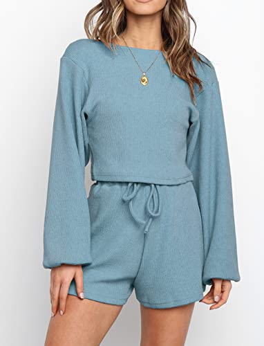 Faroro Women Lounge Pajama Sets Solid Sweatsuits Pullover Long Sleeve Top With Shorts Loungewear Nightwear Sleepwear With Pockets Blue thumb #2