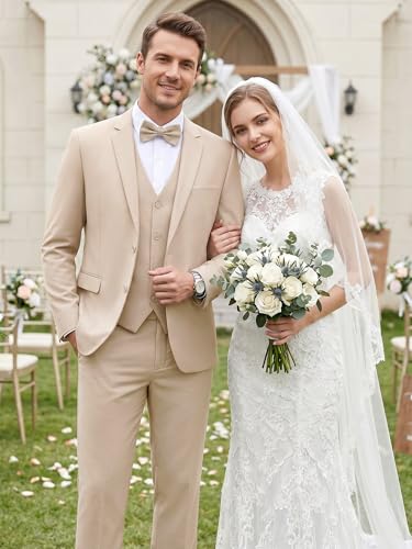 Image of WEEN CHARM Men's 3-Piece Slim Fit Suit Set-2-Button Blazer,Vest & Pants-Formal Wedding,Prom,Party & Business Tuxedo