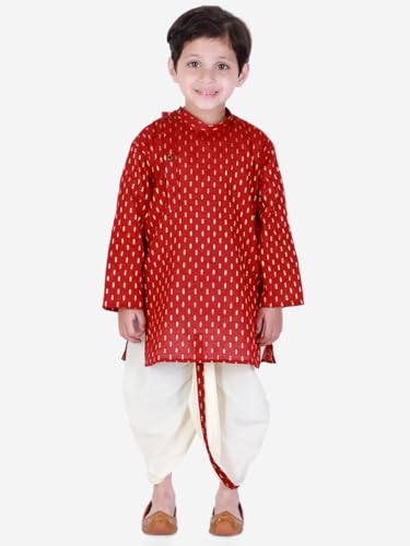 Boy's Cotton Kurta with Dhoti - Golden Thread Work, Side Button Kurta Set for Ethnic Wear2