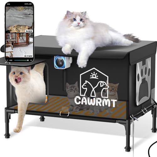 Stdily Heated Cat House with Camera Outdoor Cats in Winter Waterproof Fully Insulated Outside Feral Cat Shelter Weatherproof for Stray Barn Cat (Black Large)