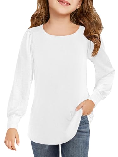 Haloumoning Girls Puff Long Sleeve Shirts Kids Casual Crewneck Soft Tunic Tops Blouse 5-14 Years