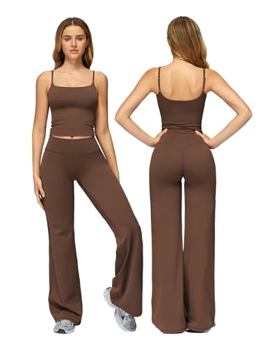 Odizli Sport Set Damen Sporttop Top mit Integriertem BH + High Waist Wide Leg Leggings Sporthose Sportleggings Yogahose Sportset Outfit Sportbekleidung Fitness Gym Workout Yoga Sportanzug Braun S