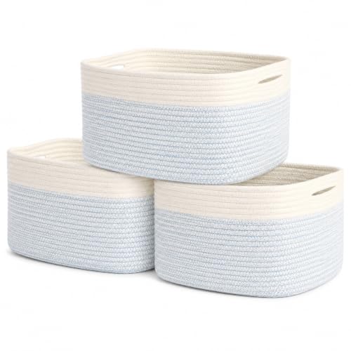 Image of OrganiHaus Blue Cotton Rope Baskets for Shelves, Set of 3 - 15"×10"×9½" - Colorful Storage Baskets for Kids - Nursery, Playroom, Classroom - Toy Storage, Books, Towels