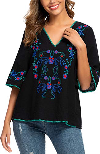 YZXDORWJ Women's Summer Peasant Blouses Boho Embroidery Mexican Bohemian Tops Shirt Tunic Blouses4