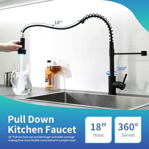 Image of GIMILI Commercial Kitchen Sink Faucet,Single Handle Solid Brass Pull Down Sprayer Spring Matte Black Kitchen Faucet with LED Light
