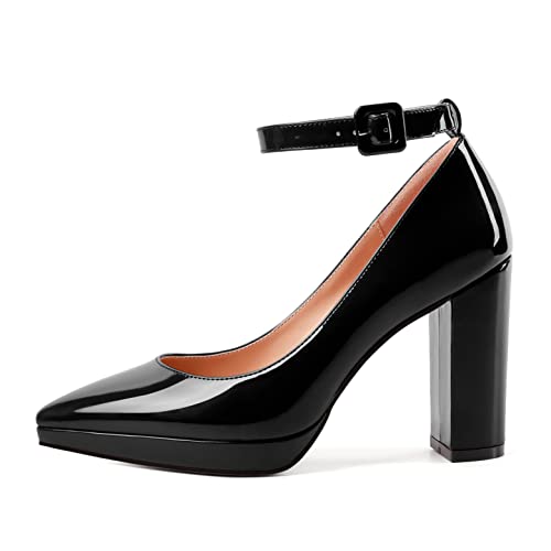 MERRORI Womens Platform Evening Dress Buckle Solid Patent Pointed Toe Ankle Strap Chunky High Heel Pumps Shoes 4 Inch2