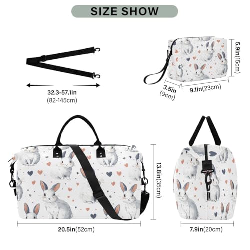 Rabbit Bunny Love Cartoon Travel Duffle Bag Gym Bag Weekender Bags with Toiletry Bag Travel Trip Tote Bag3
