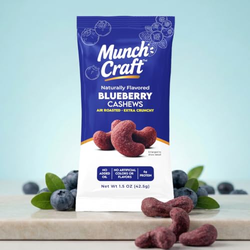 Image of Munch Craft Gourmet Blueberry Cashews (8-Pack Box) - Perfectly Balanced Flavor (Tangy Berry & Buttery) - Extra Crunchy Air-Roasted Nuts, Oil-Free - Eight 1.5 oz Snack Bags (12 oz Total)