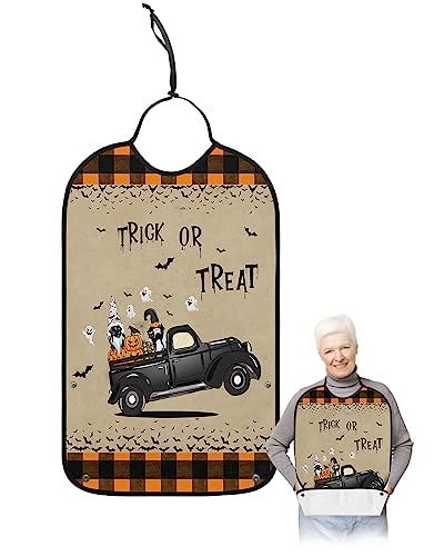 Halloween Truck Adult Bibs for Eating, Waterproof Bibs with Food Catcher & Adjustable Snap Closure, Orange Black Plaid Pumpkin Gnomes Washable Clothing Protectors Adult Bibs for Elderly Women/Men