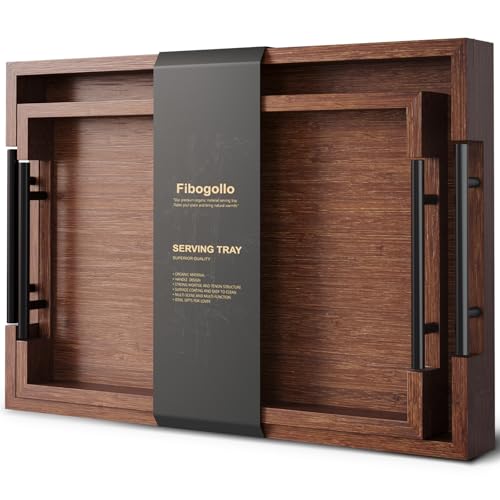 Fibogollo Bamboo Set of 2 Serving Tray with Metal Handles,Ottoman Decorative Trays Platter for Coffee Table,Living Room,Bar,Party(Brown)