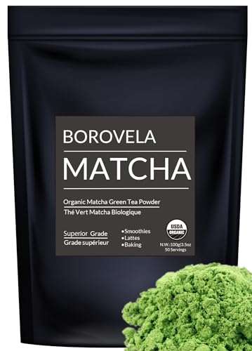 Organic Matcha Green Tea Powder - Superior Grade USDA Certified - Green Superfood For Smoothies Lattes and Baking - Borovela 100g (Matcha Superior 100g)