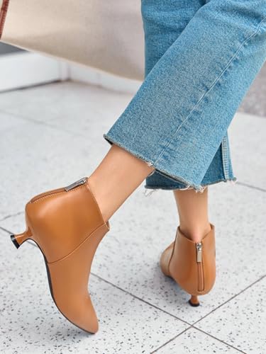 Image of Coutgo Womens Kitten Low Heel Booties Pointed Toe Short Ankle Boots Back Zipper Fall Shoes