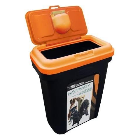 PET FOOD STORAGE CONTAINER BLACK HOLDS 15 25 KG. ORANGE LID RUBBER AIRTIGHT SEAL Cover