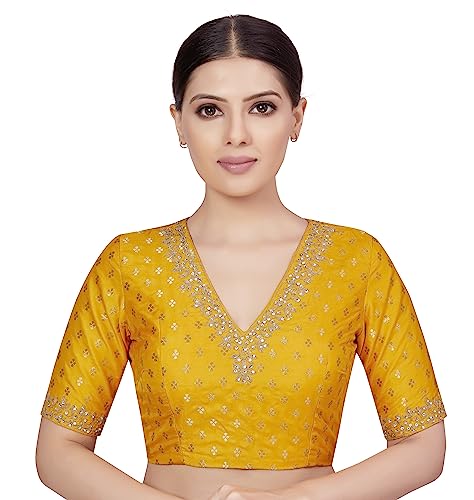 Image of Studio Shringaar Women's Brocade Embroidered V-Neck Readymade Elbow Length Sleeves Saree Blouse