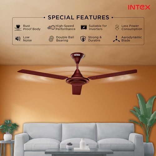 Image of Intex Aero Jet 1200MM Ceiling Fan with High Speed 380 RPM | 210 CMM Air Delivery, Double Ball Bearing Motor | Rust Proof Body, Inverter Compatible | Low Noise Operation, 24 Month Warranty (Rich Brown)