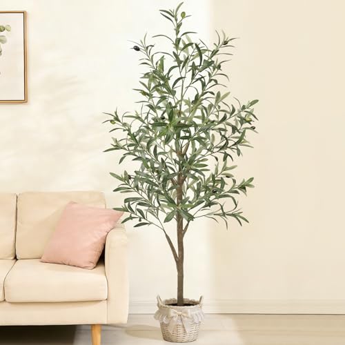 Olivenbaum Künstlich 150cm Künstliche Pflanzen Groß Olivenbaum Naturgetreues Laub und Zweifarbige Früchte Künstliches Moos Mit Stabilem blumentopf Kunstbaum Indoor Fake Mediterrane Wohnkultur