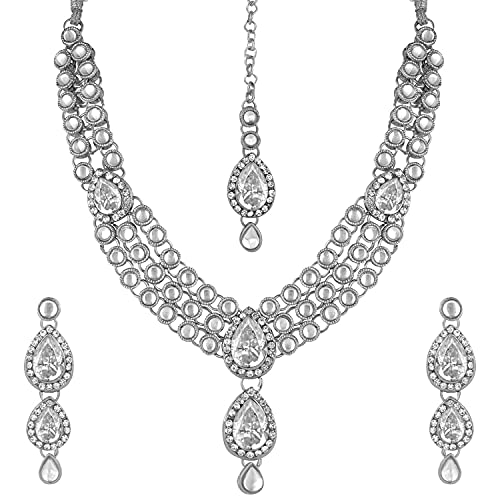 Aheli Juego de aretes y collar tradicional indio Bollywood Kundan Maang Tikka, joyería étnica para mujeres y niñas, talla única, Metal, No es una piedra preciosa