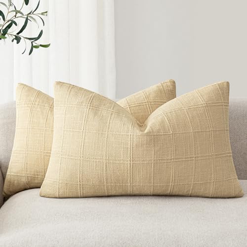 Image of Foindtower Set of 2 Decorative Linen Check Throw Pillow Covers Neutral Farmhouse Lumbar Cushion Covers Modern Boho Accent Home Decor for Sofa Chair Couch Bedroom Living Room,12x20 Inch,Light Yellow
