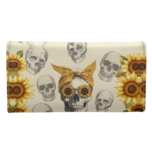 Image of AFPANQZ Skull with Sunflower Trifold Long Clutch Wallets for Girls Womens Large Capacity Purse Portable Handbag Purses for Travel Party Shopping Outdoor Card Holder