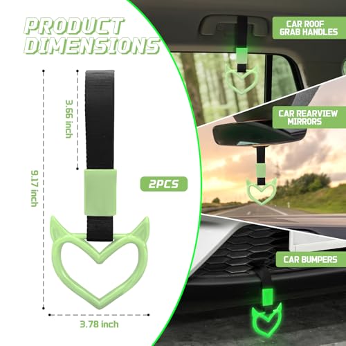 Image of 2 Pcs Devil Heart Shaped Car Handle Strap - Drift Charm Rear Bumper Warning Ring Decor for Car Interior Exterior, Subway Bus Handle Accessory, Cute Heart Car Decor Gift for Drivers (Luminous Green)