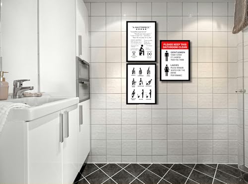 Image of Framed Bathroom Wall Decor | Funny Quotes & Cute Animal Art Prints | Quirky Toilet Signs & Guest Bath Decorations | Minimalist Black & White Washroom Signs | Ready to Hang Toilet Humor for Home & Powder Room (Clean Sign Combo 3)
