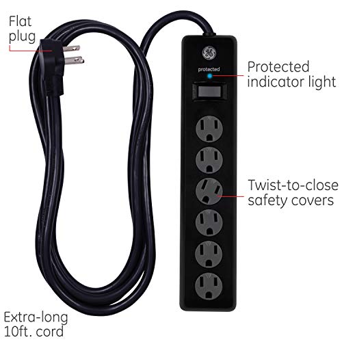 Image of GE Surge Protector Power Strip, 10 Ft Long Extension Cord, 6 Outlet Extender, 800 Joules, Flat Plug, Wall Mount, Twist-to-Close Safety Covers, ETL Safety Listed, Black, 37442