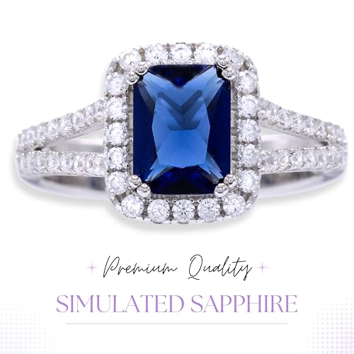4 Ct 925 Sterling Silver Cubic Zirconia Emerald Cut Simulated Blue Sapphire Halo Engagement Ring for Women Size 5-102