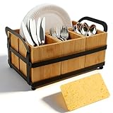 Qirvaten Silverware Caddy for Party, Wood Utensil Holder with 4 Compartments Paper Plate Dispenser for Kitchen Countertop Organizing Paper Plate, Fork, Spoon, Napkin