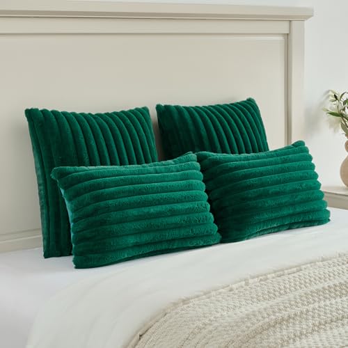 FUTEI Emerald Green Striped Decorative Throw Pillow Covers 16x16 Inch Set of 2,Square Fall Decorations Couch Pillow Case,Soft Cozy Faux Rabbit Fur & Velvet Back,Modern Home Decor for Bed