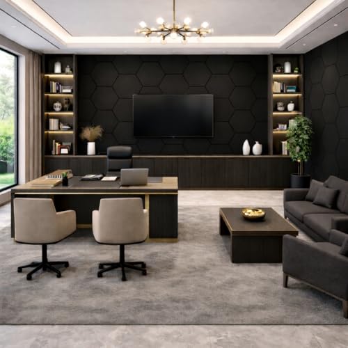 Image of MMT Acoustix HexaFelt Bevelled Acoustic Panels, Luxury Sound Absorbing Felt Wall Panels for Home, Office & Studios | VOC Free, 30x30 cm | Pack of 7 | Piano Black Colour