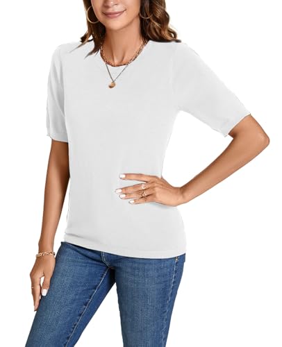 Image of Womens Short Sleeve Sweaters Tops Crew Neck Pullover Shirt Lightweight Knit Sweater Blouse