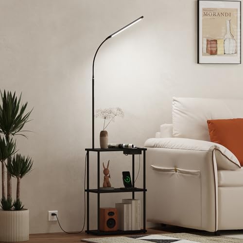 Image of Qupui LED Floor Lamp with Table, 15W Dimmable, USB Charging, Black