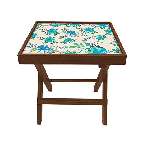 Image of Nutcase Designer Teak Wood Side Table Folding Wooden Bedside Coffee Outdoor Picnic Table - Turquoise Flowers
