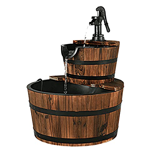 RELAX4LIFE Fuente de jardín de Madera de Abeto, Fuente Ø44,5cm con Bomba de Agua, Fuente de 2 Pisos con caudal de Agua Regulable, Circuito de Agua Cerrado, 19L, Fuente Decorativa para jardín