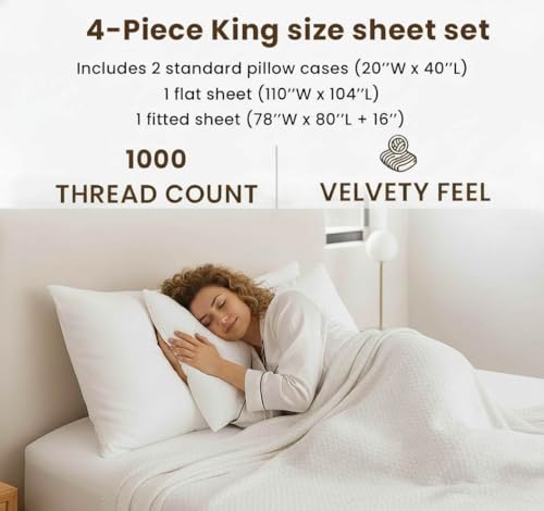 Image of King Sheet Set 4 Piece | 1000 Thread Count | White | 100% Cotton with 16 inch Deep Pocket, Soft Sateen Weave Luxury Hotel Quality by PRATEE