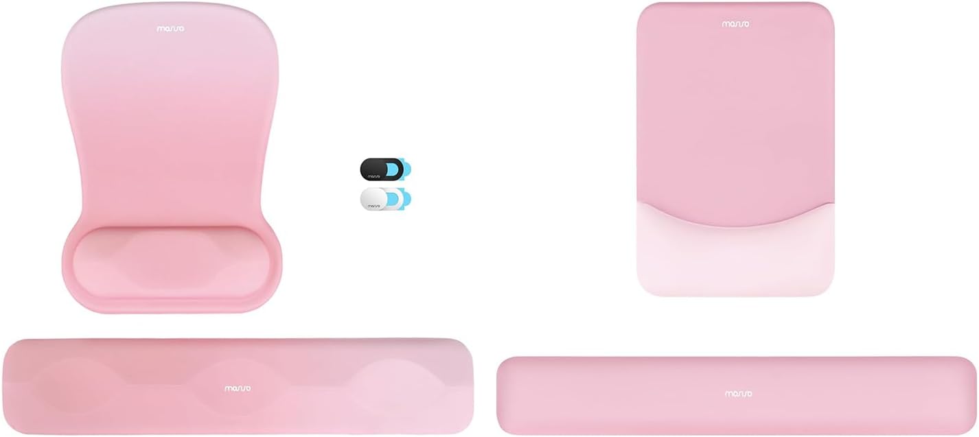 MOSISO Wrist Rest Support for Mouse Pad&Keyboard Set, Geometric Leaf Shape Mousepad&Webcam Cover, Non-Slip Base Home/Office Easy Typing Pad with Neoprene Cloth&Raised Curved Memory Foam, Pink&Pink