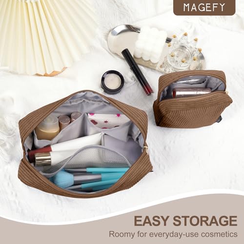 MAGEFY Mini Makeup Tasche Cute Makeup Pouch Kleine Kosmetiktasche für Frauen Mädchen Reise Make up Tasche mit Fächern(Braun)