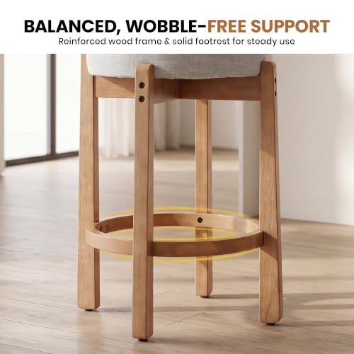 Image of LukeAlon Mid Century Linen Counter Stools Set of 2, Upholstered 26.5 inch Seat Height Low Barstools with Natural Wood Legs Round Low Back Kitchen Stool with Footrest for Dining Room Pub Island, Light Grey