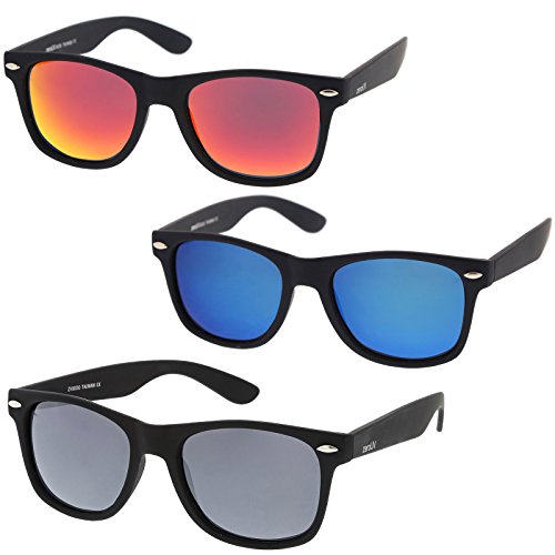 zeroUV - Retro 80's Classic Colored Mirror Lens Square Horn Rimmed Sunglasses for Men Women (3 Pack Polarized | Blue + Red + Silver)